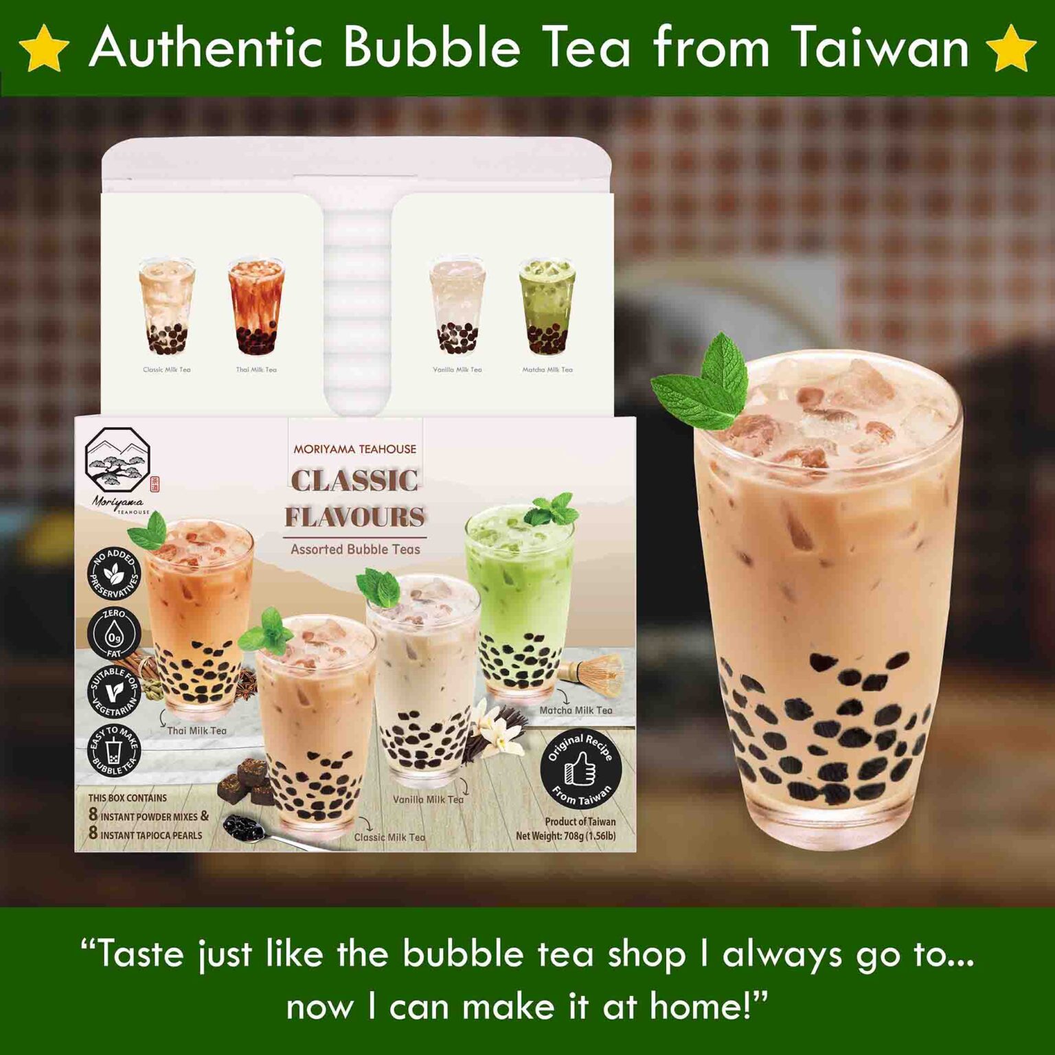 Classic Flavours Bubble Tea Kit with Instant Tapioca Pearls (8 drinks
