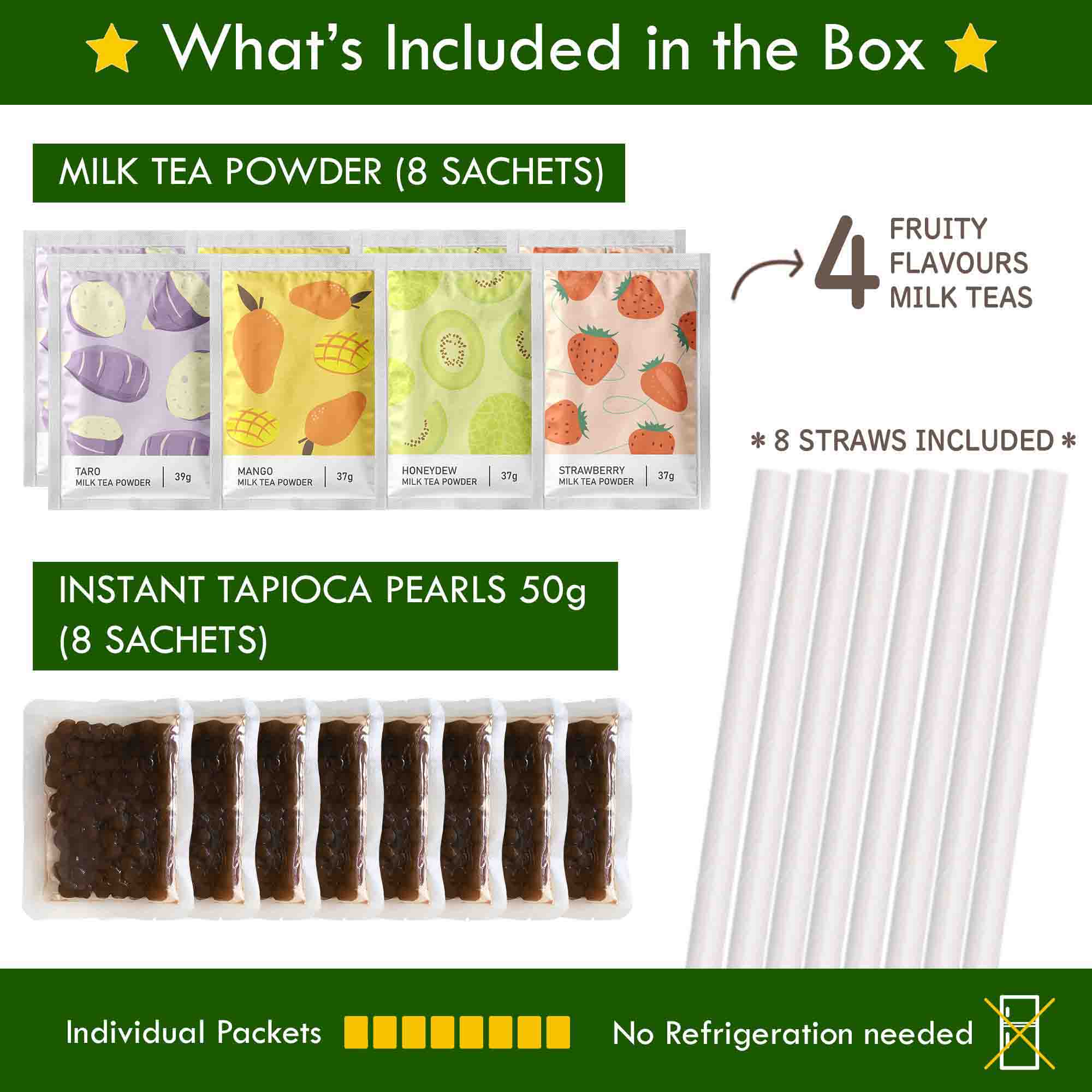 bubble tea kit includes 8 milk tea powders and 8 tapioca pearls