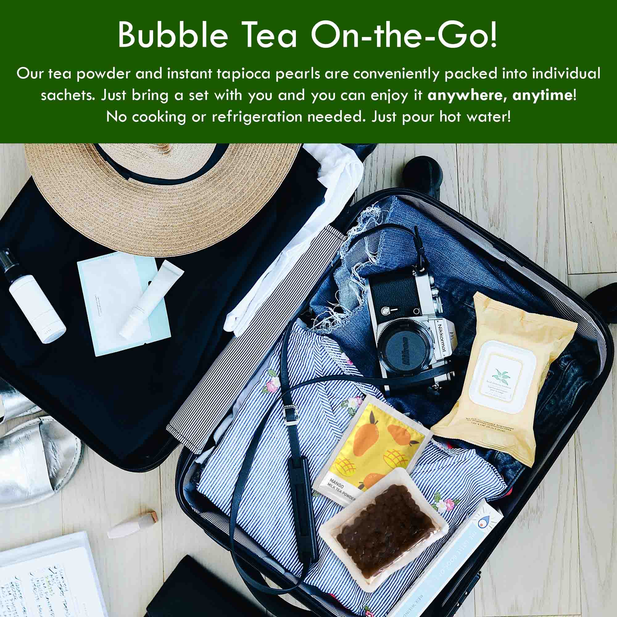 bubble tea sachets in suitcase to bring to anywhere