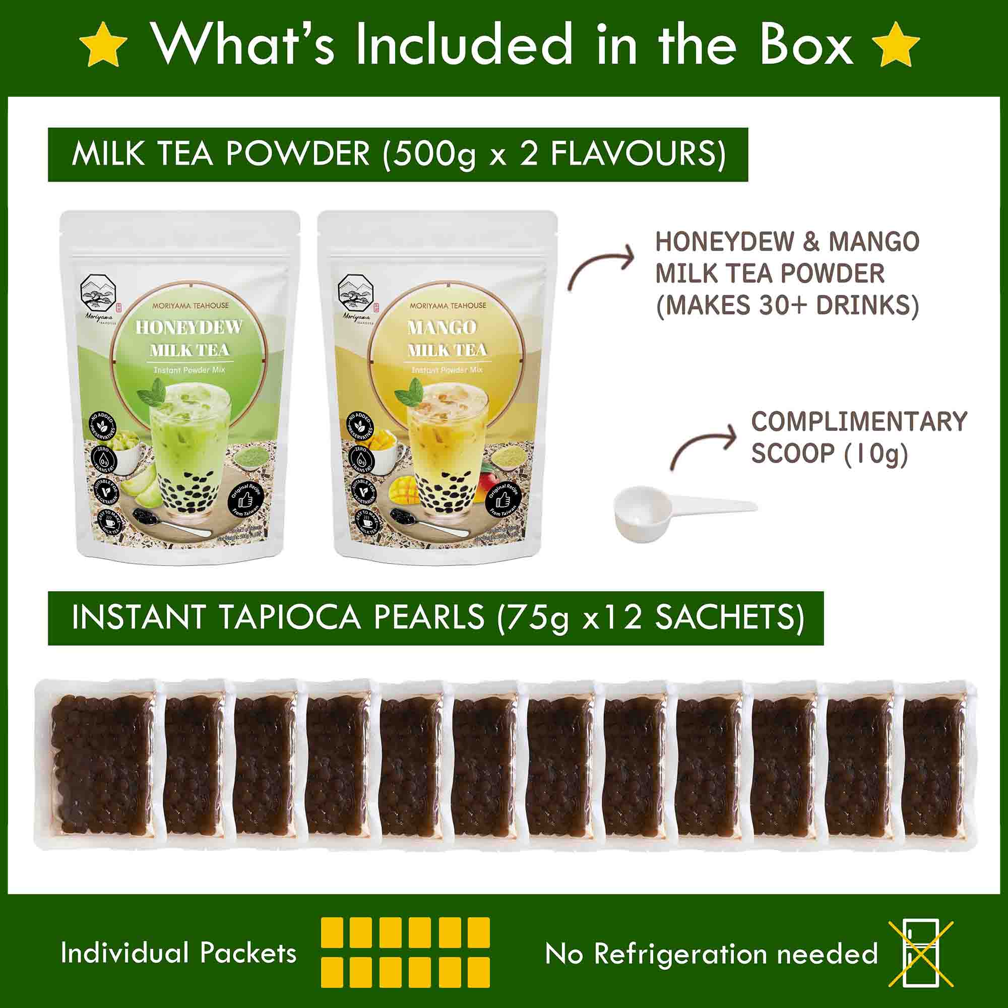 bubble tea kit includes 2x 500g milk tea powders and 12 tapioca pearls